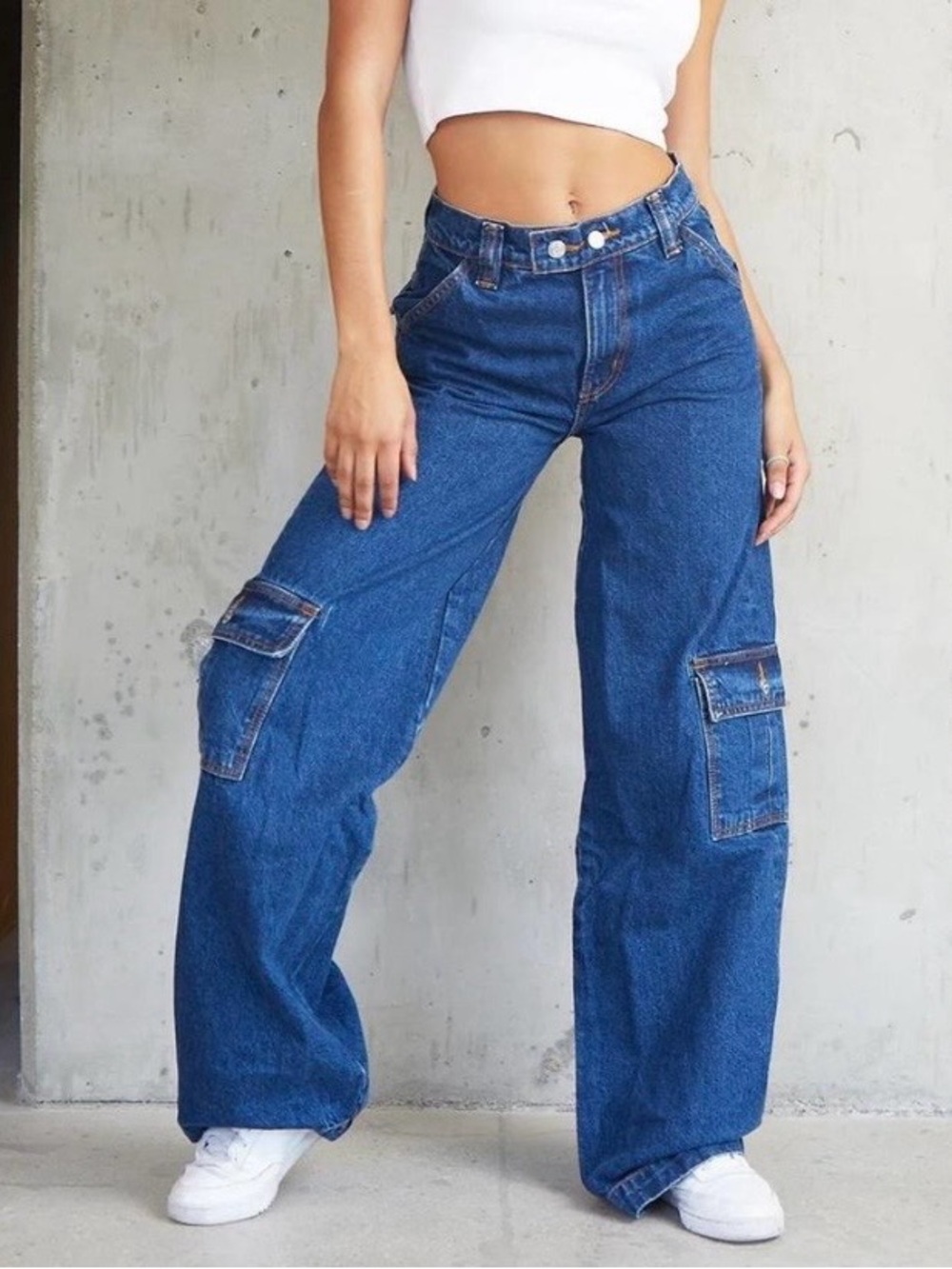 REVICE Blue Wide-Leg Cargo Denim Jeans